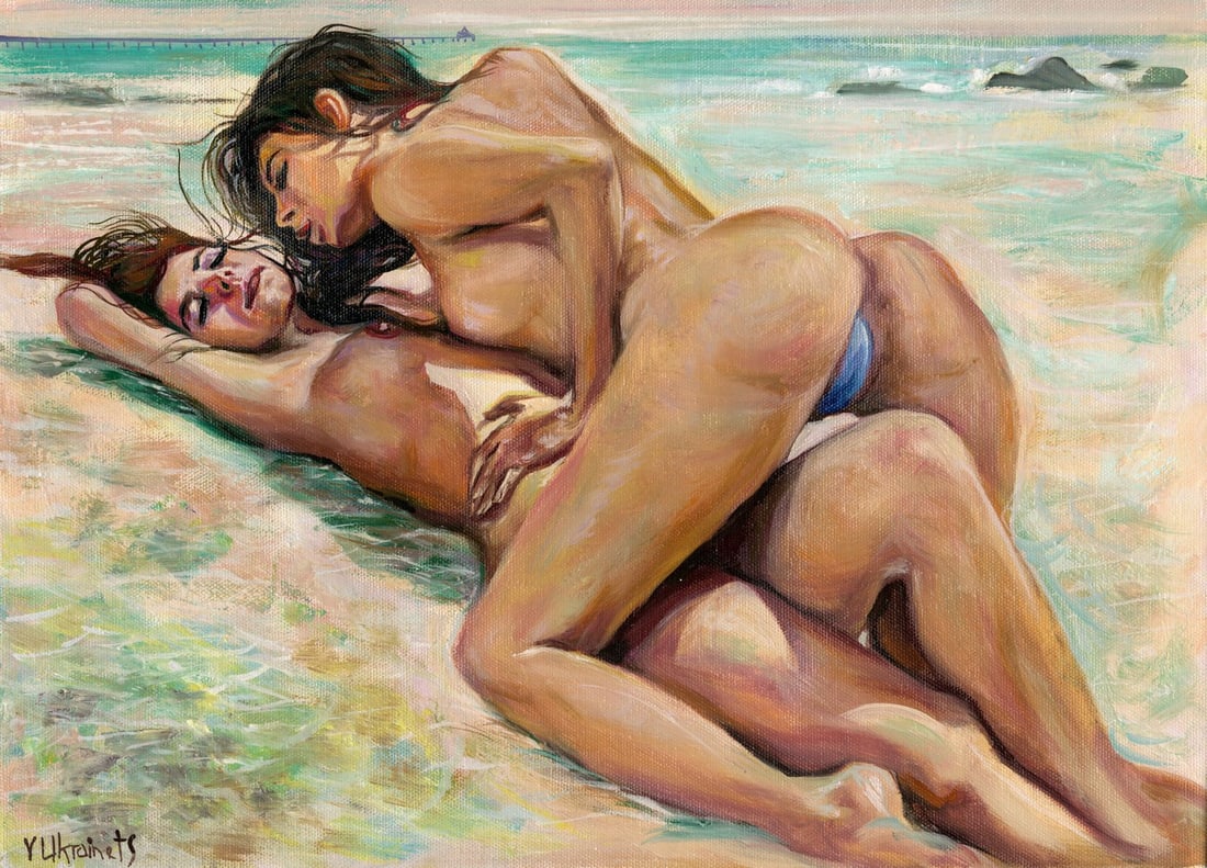 Valentin Ukrainets (Ukraine,b 1965) oil painting: ARTIST: Valentin Ukrainets (Ukrainian, born 1965) TITLE: Nudes - On the Sea Coast (titled on verso) MEDIUM: oil on canvas CONDITION: Unstretched (In-House stretching availab