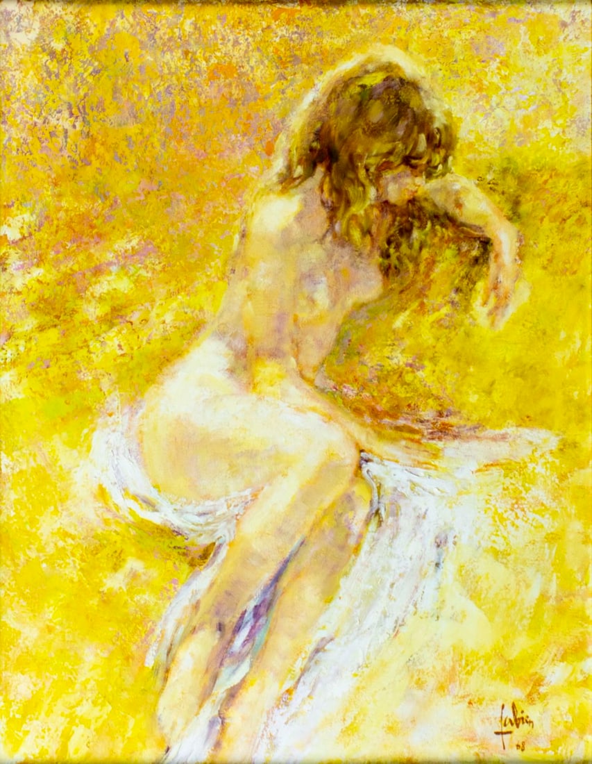 Louis Fabien (US,French,1924-?) oil painting: ARTIST: Louis P Fabien (United States, Belgium, France, 1924 - ???) TITLE: Nude - Le Repos YEAR: 1968 MEDIUM: oil on canvas CONDITION: Very good. No vi