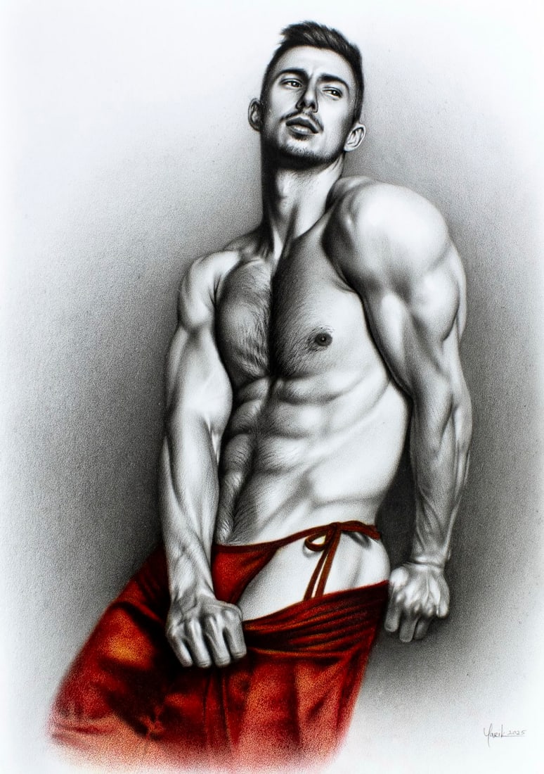 Yaroslav Novostavskiy (Ukraine,b 1989) dry brush oil painting: ARTIST: Yaroslav Novostavskiy (Ukrainian, born 1989) TITLE: Male Nude MEDIUM: dry brush oil on paper CONDITION: Very good. No visible inpaint under UV light. ART