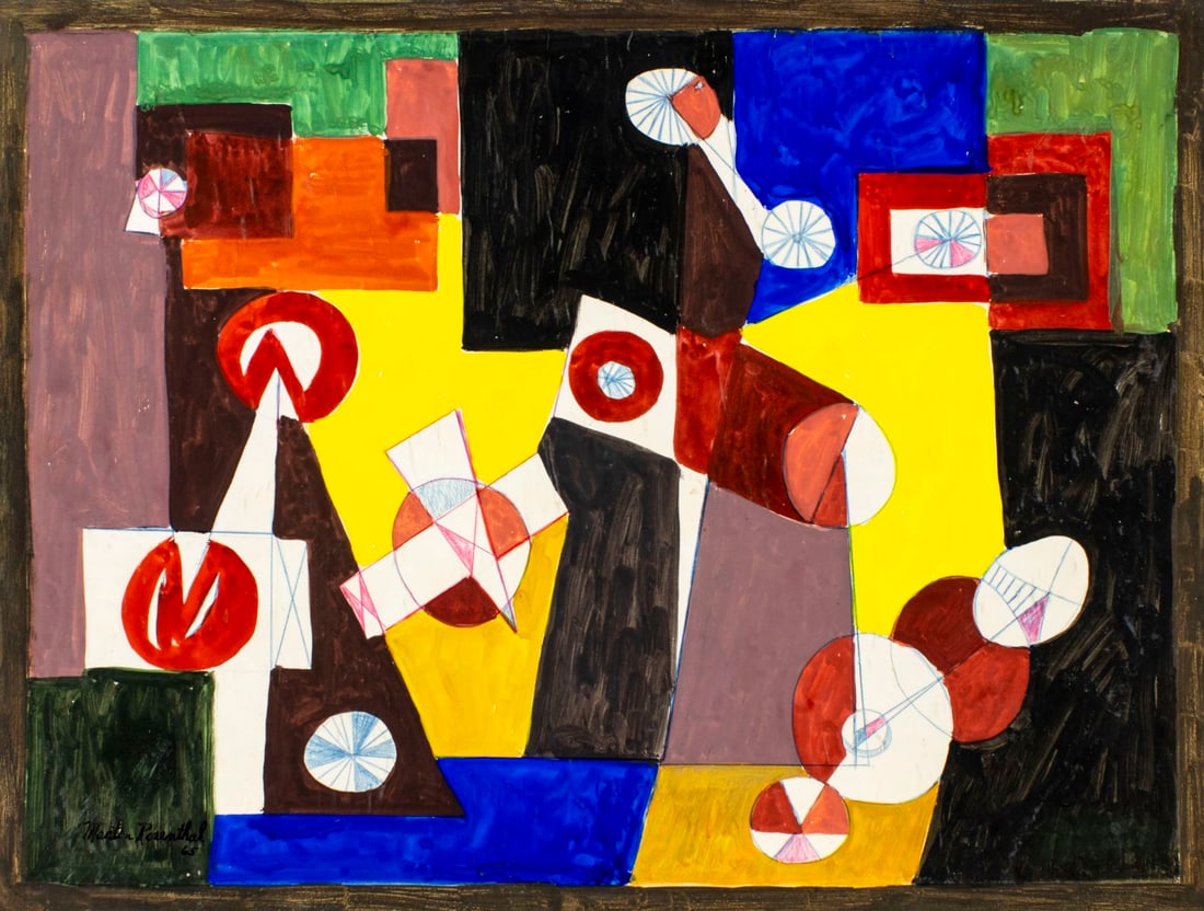 Martin Rosenthal (NY,MA,1899-1974) gouache painting: ARTIST: Martin Rosenthal (New York, Massachusetts, 1899 - 1974) TITLE: Abstract Composition YEAR: 1965 MEDIUM: gouache on heavy paper CONDITION: Very g
