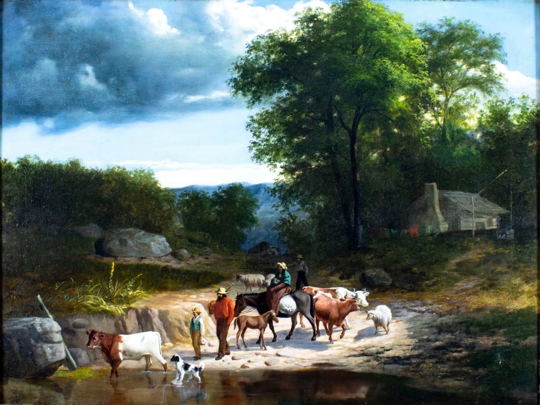 James Henry Beard (OH,NY,1811-1893) oil painting antique: ARTIST: James Henry Beard (Ohio, New York, 1811 - 1893) TITLE: Moving Further Westward (titled on label) YEAR: 1882 MEDIUM: oil on canvas CONDITION: Re