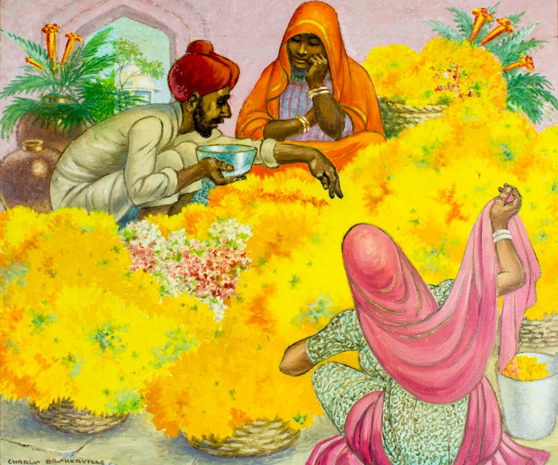 Charles Baskerville Jr (NY,NC,1896-1994) oil painting: ARTIST: Charles Baskerville Jr (New York, North Carolina, 1896 - 1994) NAME: Indian Flower Sellers MEDIUM: oil on canvas CONDITION: Very good. Very minor craquelure. No visible inpaint under