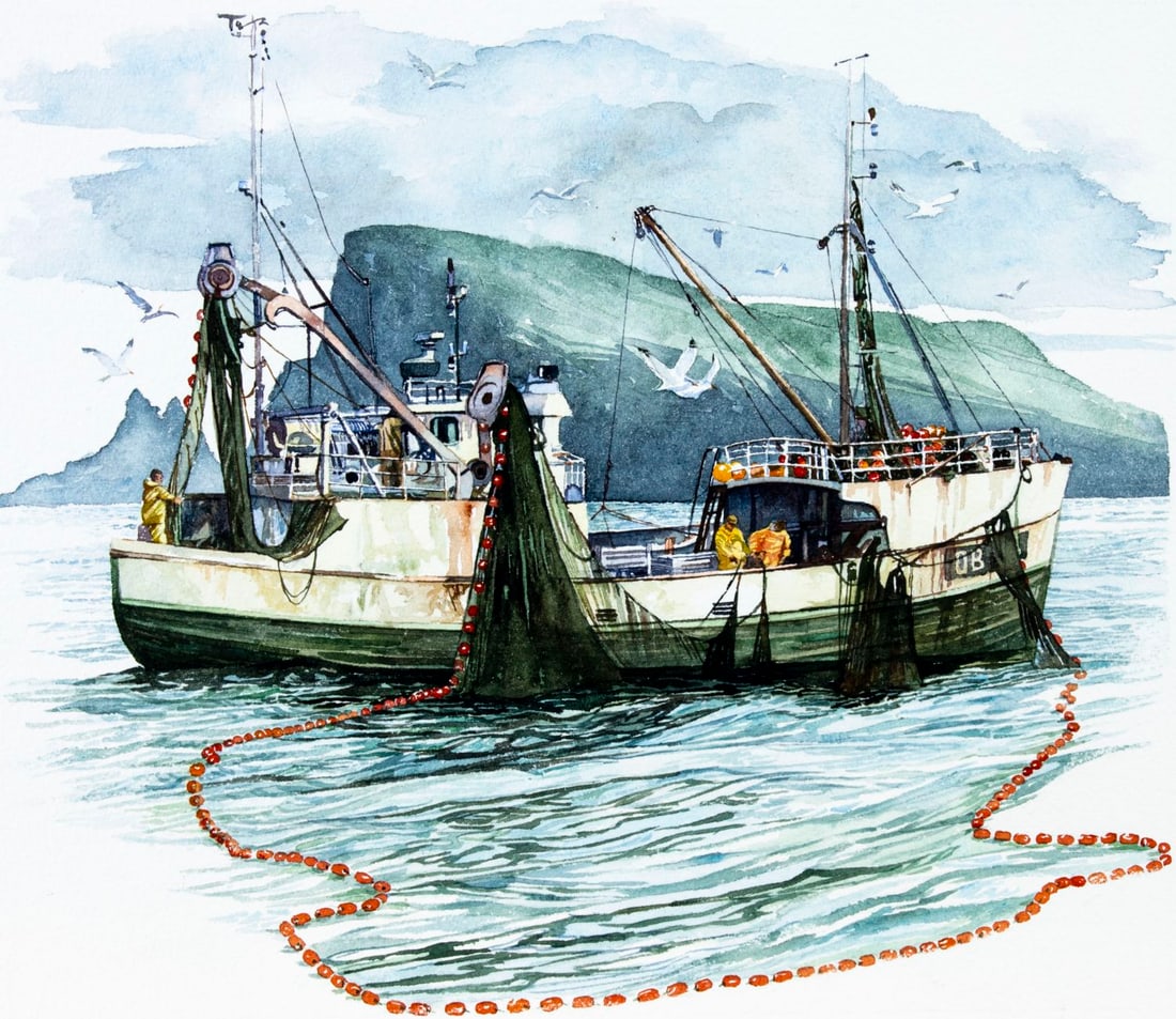 Brian Sanders (UK,1937-?) watercolor painting: ARTIST: Brian Sanders (United Kingdom, 1937 - ???) TITLE: Purse Seiner - Fishing Boat MEDIUM: watercolor on heavy paper CONDITION: Very good. ART SIZE: