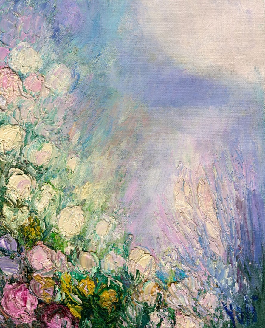 Yolanda Razzeto (Peru,1948-?) oil painting: ARTIST: Yolanda Razzeto (Peruvian, 1948 - ???) TITLE: Flower Garden Landscape MEDIUM: oil on canvas CONDITION: Unstretched (In-House stretching available). Overall good. N