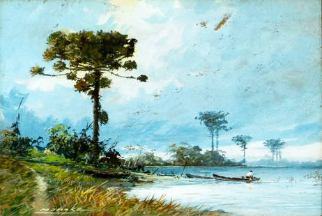 Reinaldo Manzke (Brazil,1906-1980) watercolor painting: ARTIST: Reinaldo Manzke (Brazilian, 1906 - 1980) TITLE: Coastal Landscape with Fisherman MEDIUM: watercolor on heavy paper CONDITION: Very minor age toning. Framed under g
