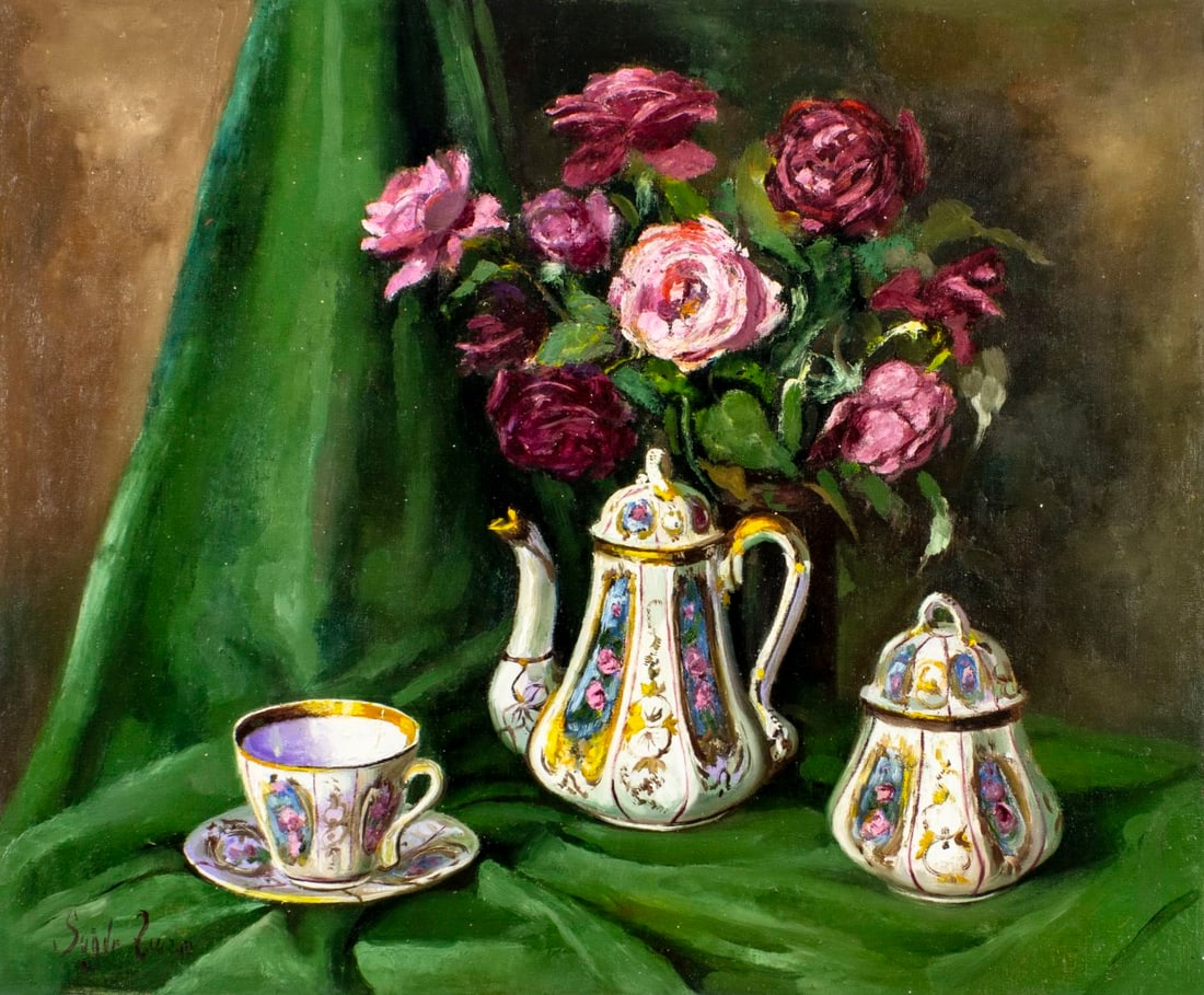 Zsuzsanna Suger (Hungary,1939-?) oil painting: ARTIST: Zsuzsanna Suger (Hungarian, 1939 - ???) TITLE: Still Life with Tea Set and Vase of Roses MEDIUM: oil on canvas CONDITION: Unstretched (In-House stretching availabl