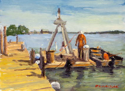 Robert Waltsak (NJ,b 1944) oil painting: ARTIST: Robert Alan Waltsak (New Jersey, born 1944) TITLE: Harbor Scene with Boat MEDIUM: oil on board CONDITION: Few minor paint losses. No visible inpaint under UV light.<