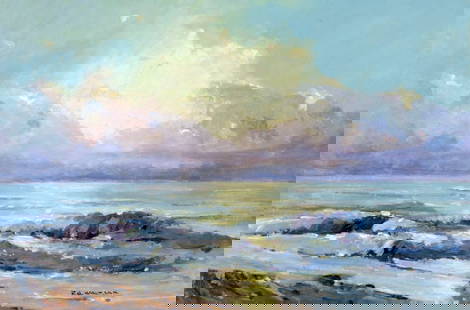 Robert Waltsak (NJ,b 1944) oil painting: ARTIST: Robert Alan Waltsak (New Jersey, born 1944) TITLE: Sunrise Seascape - Jersey Beach, NJ (titled on verso) YEAR: 2022 MEDIUM: oil on board CONDITION: