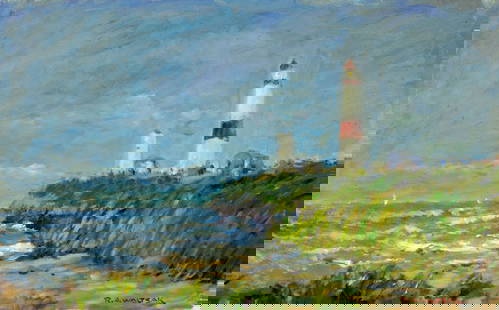 Robert Waltsak (NJ,b 1944) oil painting: ARTIST: Robert Alan Waltsak (New Jersey, born 1944) TITLE: Coastal Landscape with Lighthouse MEDIUM: oil on board CONDITION: Overall good. No visible inpaint under UV light.