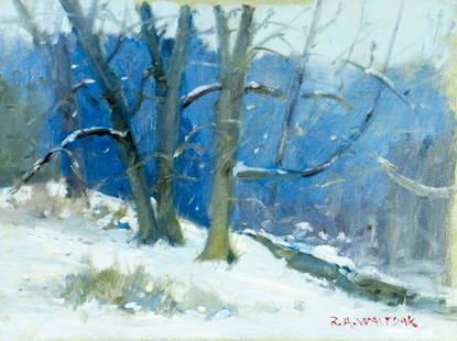 Robert Waltsak (NJ,b 1944) oil painting: ARTIST: Robert Alan Waltsak (New Jersey, born 1944) TITLE: Winter Forest Landscape MEDIUM: oil on canvas CONDITION: Some small faint scratches. No visible inpaint under UV l