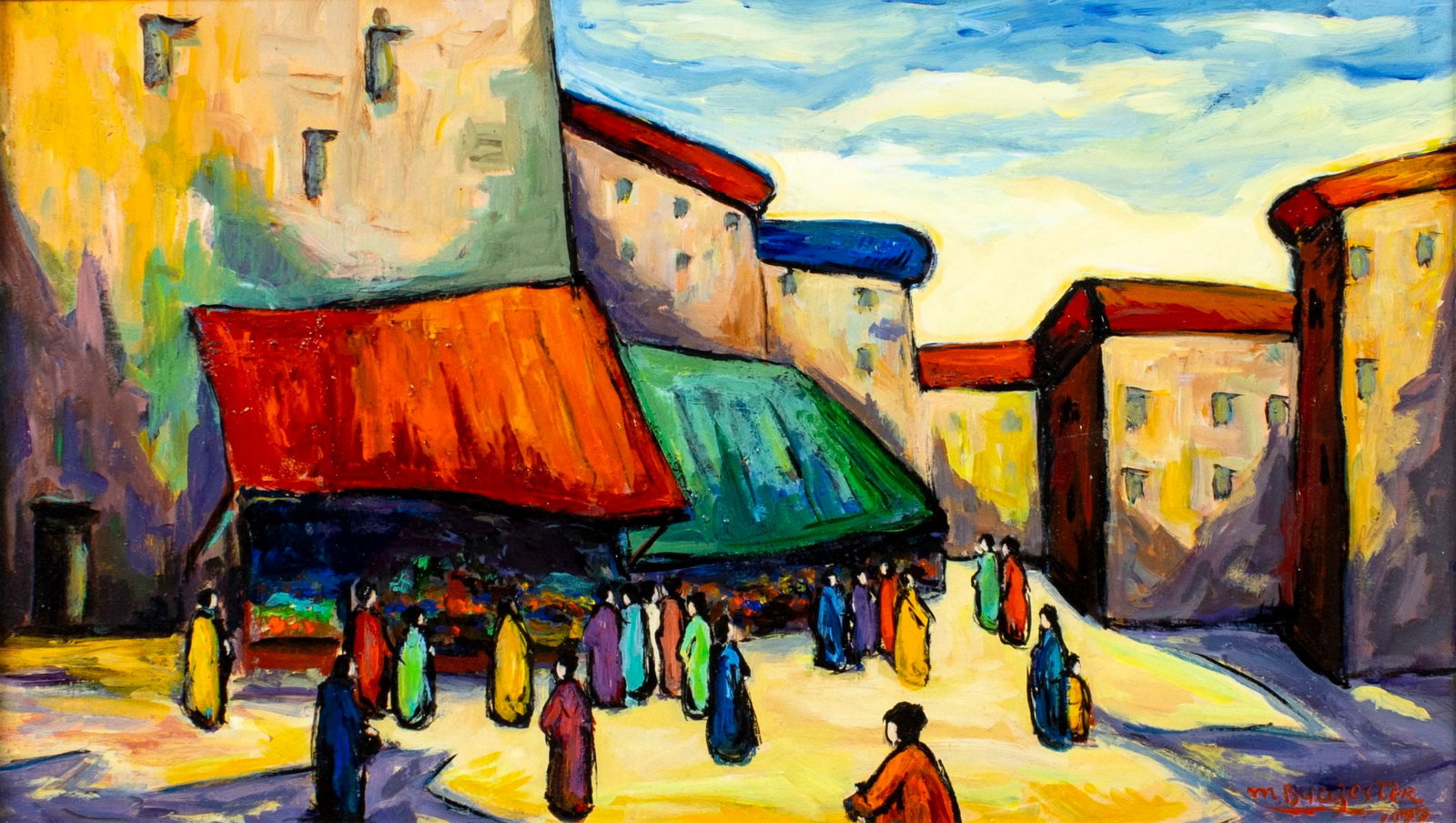 Maxim Bugzester (NY,French,German,Polish,1910-1978) oil painting: ARTIST: Max Bugzester (New York, France, Germany, Poland, 1910 - 1978) TITLE: Imports of Interest (titled on strtcher) YEAR: 1977 MEDIUM: oil on board CONDITION