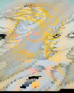 Terra Bidlespacher (PA,20/21C) acrylic painting: ARTIST: Terra Bidlespacher (Pennsylvania, 20/21 centuries) TITLE: The Peach Girl (titled on verso) MEDIUM: acrylic on board CONDITION: Very good. No visible inpaint under UV