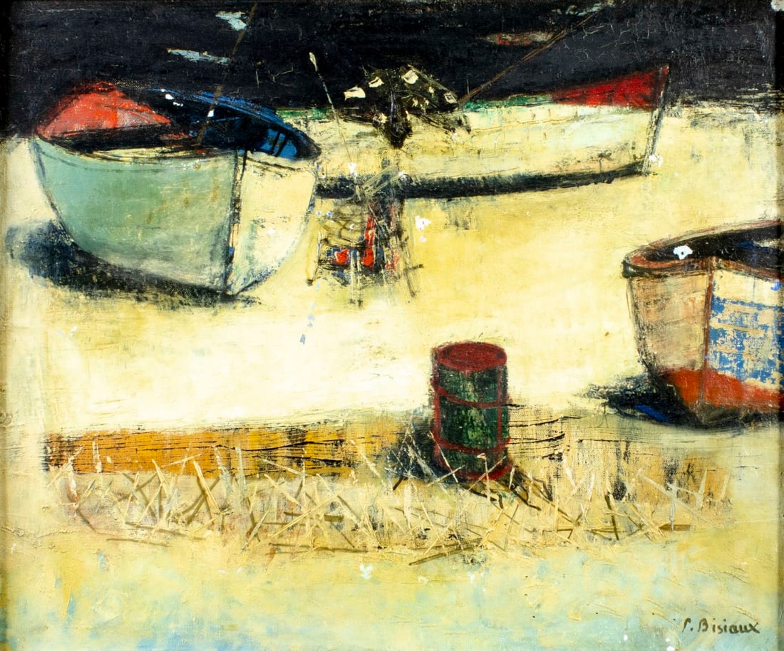 Pierre Bisiaux (France,1924-2005) oil painting: ARTIST: Pierre Bisiaux (French, 1924 - 2005) TITLE: Coastal Scene with Boats MEDIUM: oil on canvas CONDITION: Some flaking/paint losses. Some craquelure. No visible inpai