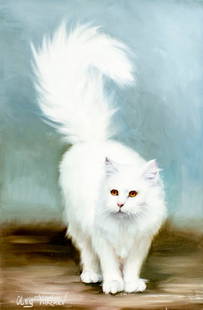 Oleg Yurtaev (Russia,b 1981) oil painting: ARTIST: Oleg Yurtaev (Russian, born 1981) TITLE: Fluffy Cat (titled on verso) MEDIUM: oil on canvas CONDITION: Unstretched (In-House stretching available). Very good. No vis