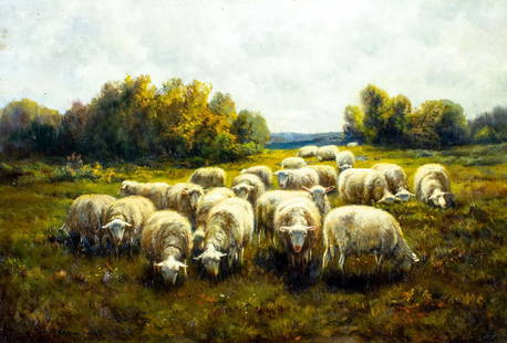 Johannes De Kuijpers (Dutch,19C) oil painting antique: ARTIST: Johannes De Kuijpers (Netherlands, 19 century) TITLE: Grazing Sheep MEDIUM: oil on board CONDITION: Small damage to upper edge. Some minor paint losses. No visible i