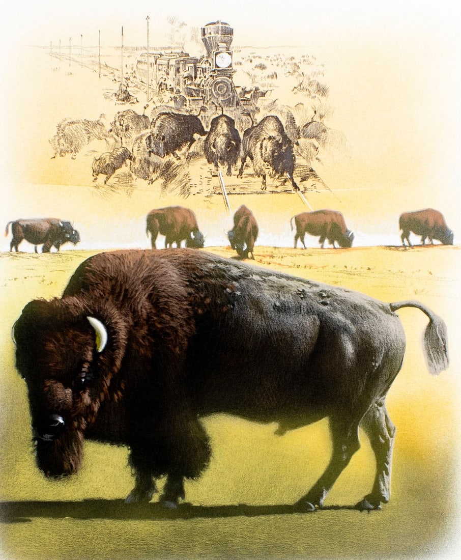 Jim Butcher (MD,1944-?) mixed media painting: ARTIST: Jim Butcher (Maryland, 1944 - ???) TITLE: Bison (titled on verso) YEAR: 1985 MEDIUM: mixed media on board CONDITION: Very good. No visible inpa