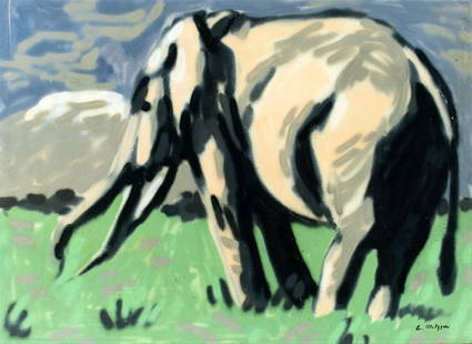 Evelyn Metzger (NY,Brazil,1911-2007) oil painting: ARTIST: Evelyn Borchard Metzger (New York, Brazilian, 1911 - 2007) TITLE: Elephant MEDIUM: acrylic on board CONDITION: Some scratches/paint losses mostly along the upper