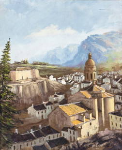 Manuel Cuberos (Spain,1933-?) oil painting: ARTIST: Manuel Cuberos (Spanish, 1933 - ???) TITLE: Mountain Town MEDIUM: oil on canvas CONDITION: Few patches. Minor craquelure. No visible inpaint under UV light. Some s