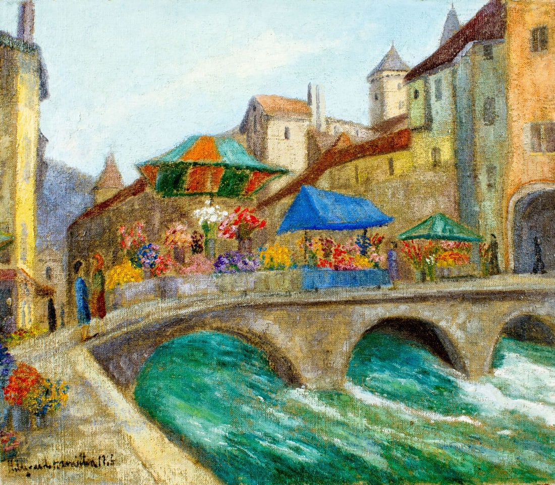 Hildegarde Hamilton (FL,VA,1898-1970) oil painting 2-sided: ARTIST: Hildegarde Hume Hamilton (Florida, Virginia, 1898 - 1970) TITLE: Flower Market MEDIUM: oil on canvas CONDITION: Overall good. No visible inpaint under UV light.