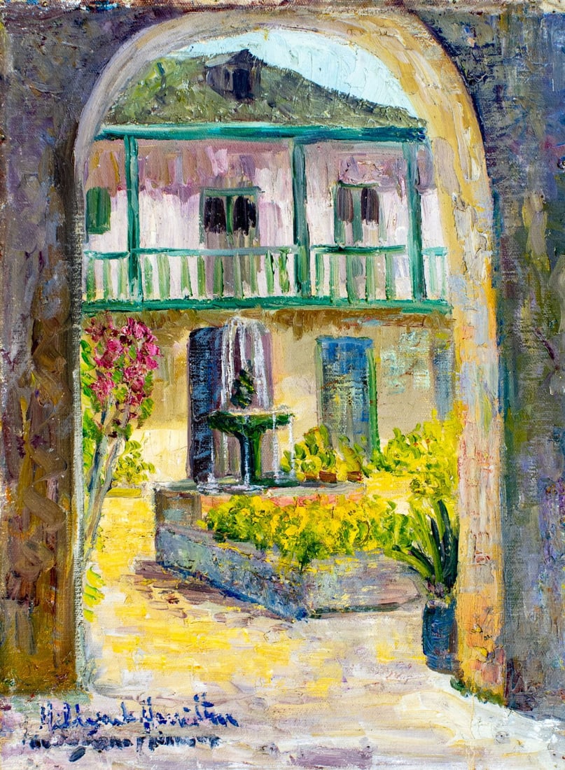 Hildegarde Hamilton (FL,VA,1898-1970) oil painting: ARTIST: Hildegarde Hume Hamilton (Florida, Virginia, 1898 - 1970) TITLE: Courtyard Fountain, France MEDIUM: oil on canvas CONDITION: Some nail holes along edges. Some pai