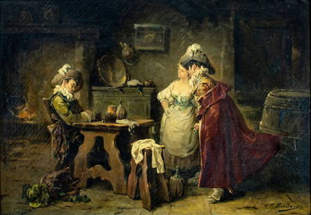 Luigi Giorgio Baldero (Italy,Spian,France,1800-1900) oil painting antique: ARTIST: Luigi Giorgio Baldero (Italian, Spanish, French, 1800 - 1900) TITLE: Interior Scene MEDIUM: oil on canvas CONDITION: One patch. Few repaired tears. Minor scratches