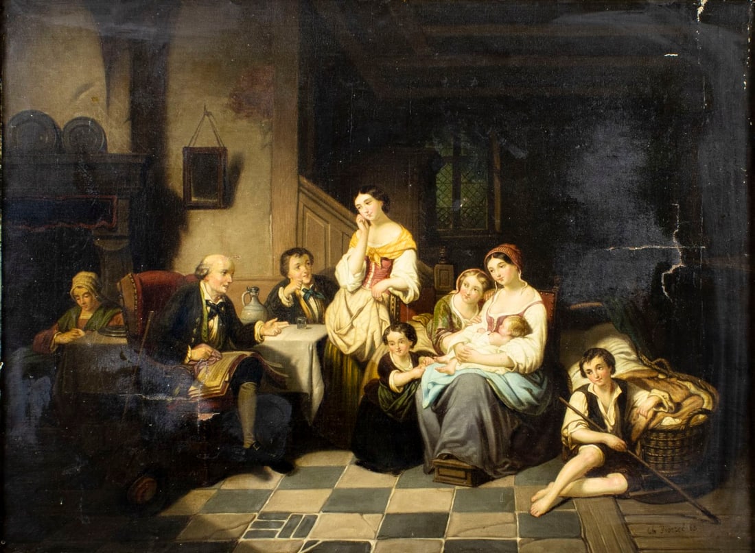 Charles Borrel (France,mid 19C) oil painting antique: ARTIST: Charles Borrel (French, mid 19 century) TITLE: An Interesting Story YEAR: 1863 MEDIUM: oil on canvas. Canvas applied to board. CONDITION: Some re