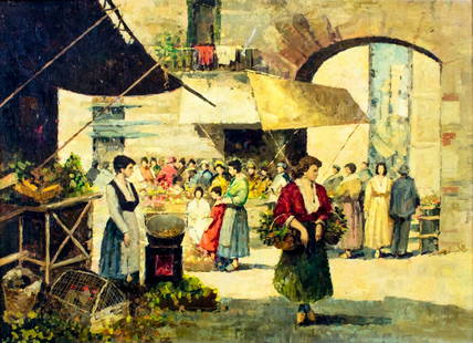 Antique early 20C Italian oil painting: ARTIST: - (Italy, early 20 century) NAME: Market Scene MEDIUM: oil on canvas CONDITION: Two tears/punctures 2" long each. Minor craquelure. No visible inpaint under UV light. SIGHT SIZE: