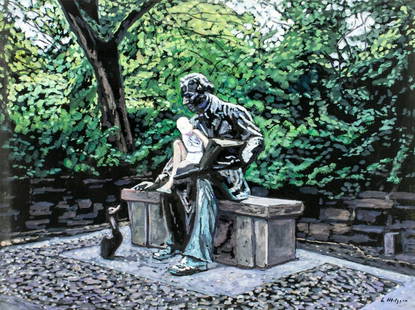 Evelyn Metzger (NY,Brazil,1911-2007) oil painting: ARTIST: Evelyn Borchard Metzger (New York, Brazilian, 1911 - 2007) TITLE: Monument to Hans Christian Andersen, Central Park, NY MEDIUM: oil on board CONDITION: Few minor s