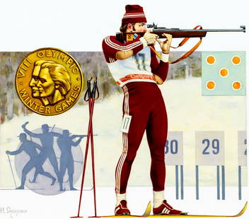 Ivan Sushchenko (Russia,1930-?) oil painting: ARTIST: Ivan Akimovich Sushchenko (Russian, 1930 - ???) TITLE: Biathelon (titled on verso) YEAR: 1988 MEDIUM: oil on canvas. Canvas applied to board. CONDITION: