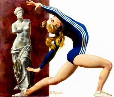 Ivan Sushchenko (Russia,1930-?) oil painting: ARTIST: Ivan Akimovich Sushchenko (Russian, 1930 - ???) TITLE: Gymnastics YEAR: 1987 MEDIUM: oil on canvas. Canvas applied to board. CONDITION: Overall