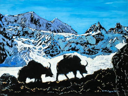 Evelyn Metzger (NY,Brazil,1911-2007) oil painting: ARTIST: Evelyn Borchard Metzger (New York, Brazilian, 1911 - 2007) TITLE: Yak Caravan, Bhutan (titled on verso) YEAR: 1995 MEDIUM: oil on board CONDITION: