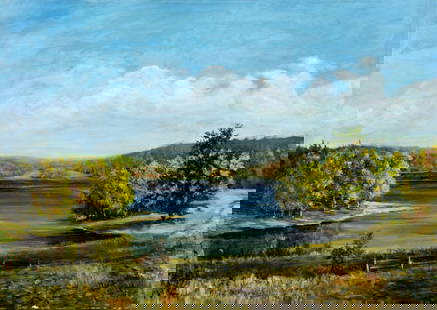 Viktor Ilyushkin (Russia,b 1946) oil painting: ARTIST: Viktor Nikolayevich Ilyushkin (Russian, born 1946) TITLE: Angara River Landscape, Russia (titled on verso) YEAR: 1988 MEDIUM: oil on canvas CONDITION:
