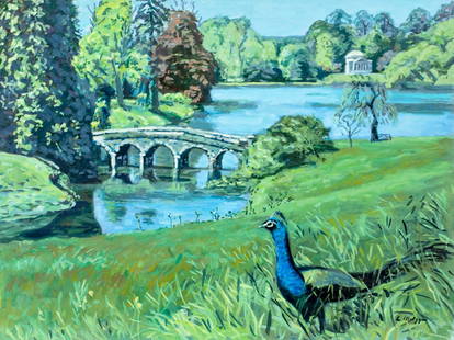 Evelyn Metzger (NY,Brazil,1911-2007) oil painting: ARTIST: Evelyn Borchard Metzger (New York, Brazilian, 1911 - 2007) TITLE: Park Landscape with Peacock MEDIUM: oil on board CONDITION: Minor paint losses. No visible inpain
