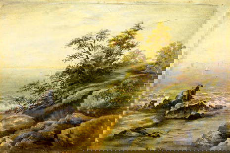 Antique 19C American oil painting signed: ARTIST: - (American, 19 century) TITLE: Coastal Landscape YEAR: 1881 MEDIUM: oil on board CONDITION: One small paint loss in the lower left quadrant. S