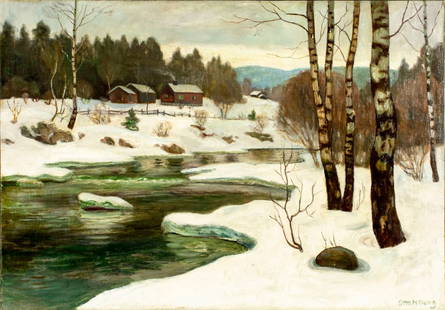 Otto Hennig (Norway,1871-1920) oil painting antique: ARTIST: Otto Hennig (Norwegian, 1871 - 1920) TITLE: Winter River Landscape MEDIUM: oil on canvas CONDITION: Relined. Minor paint losses. Some craquelure. Some scattered i