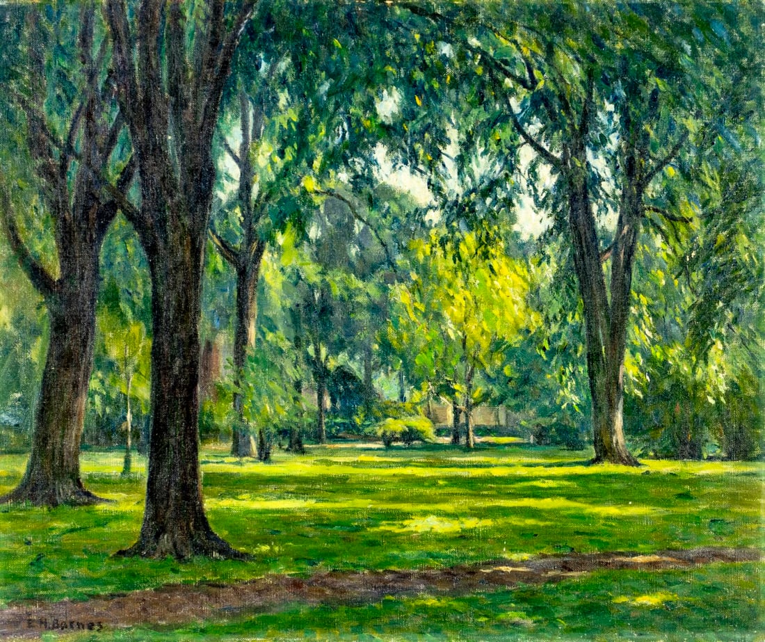 Ernest Harrison Barnes (MI,1873-1955) oil painting: ARTIST: Ernest Harrison Barnes (Michigan, 1873 - 1955) TITLE: Park Landscape MEDIUM: oil on canvas CONDITION: Minor paint losses. No visible inpaint under UV light. Normal
