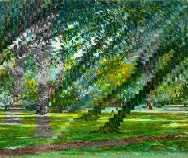 Ernest Harrison Barnes (MI,1873-1955) oil painting: ARTIST: Ernest Harrison Barnes (Michigan, 1873 - 1955) TITLE: Park Landscape MEDIUM: oil on canvas CONDITION: Minor paint losses. No visible inpaint under UV light. Normal