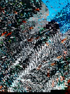 Evelyn Metzger (NY,Brazil,1911-2007) oil painting: ARTIST: Evelyn Borchard Metzger (New York, Brazilian, 1911 - 2007) TITLE: Coral Reef Scene YEAR: 1996 MEDIUM: oil on board CONDITION: Overall good. No