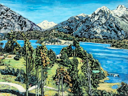 Evelyn Metzger (NY,Brazil,1911-2007) oil painting: ARTIST: Evelyn Borchard Metzger (New York, Brazilian, 1911 - 2007) TITLE: Bariloche, Argentina (titled on verso) YEAR: 1995 MEDIUM: oil on board CONDITION: