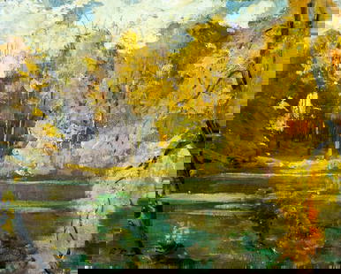 Robert Sewell (NY,CA,1860-1924) oil painting antique: ARTIST: Robert Van Vorst Sewell (New York, California, 1860 - 1924) TITLE: Autumn River Landscape MEDIUM: oil on canvas. Canvas applied to board. CONDITION: Minor damages