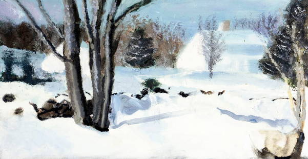 David George Van Vliet (US,20C) oil painting: ARTIST: David George Van Vliet (American, 20 century) TITLE: Winter Landscape MEDIUM: oil on canvas board CONDITION: Overall good. No visible inpaint under UV light.