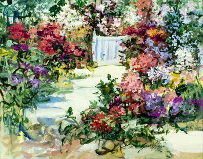 Gene Hege (NC,1940-2003) acrylic painting: ARTIST: Gene Hege (North Carolina, 1940 - 2003) TITLE: Garden Scene MEDIUM: acrylic on board CONDITION: Very good. No visible inpaint under UV light. Framed under the glas