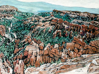 Evelyn Metzger (NY,Brazil,1911-2007) oil painting: ARTIST: Evelyn Borchard Metzger (New York, Brazilian, 1911 - 2007) TITLE: Landscape - Red Mountains YEAR: 1989 MEDIUM: oil on board CONDITION: Some scr