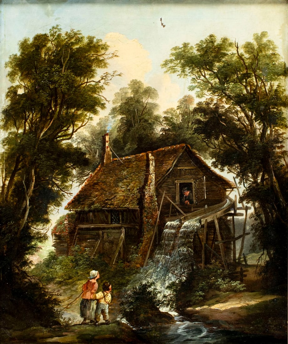 Antique 19C British oil painting: ARTIST: - (United Kingdom, 19 century) TITLE: Watermill Landscape MEDIUM: oil on canvas CONDITION: Few patches. One small paint loss by the upper edge. Some craquelure. So