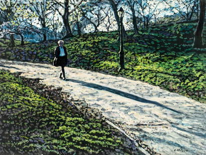 Evelyn Metzger (NY,Brazil,1911-2007) oil painting: ARTIST: Evelyn Borchard Metzger (New York, Brazilian, 1911 - 2007) TITLE: Central Park Scene, NY MEDIUM: oil on board CONDITION: Few very minor paint losses. No visible in