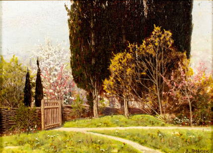 A Dolgov (Russia,early 20C) oil painting antique: ARTIST: A Dolgov (Russian, early 20 century) TITLE: Spring Landscape MEDIUM: oil on canvas. Canvas applied to board. CONDITION: Few small scratches/paint losses. Some craque