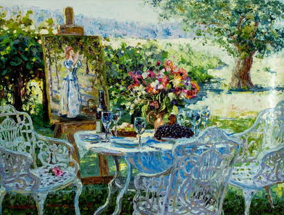 Henry Gordon Wang (China,US,b 1959) oil painting: ARTIST: Henry Gordon Wang (Chinese, American, born 1959) TITLE: Garden Scene MEDIUM: oil on canvas CONDITION: Unstretched (In-House stretching available). Overall good. No