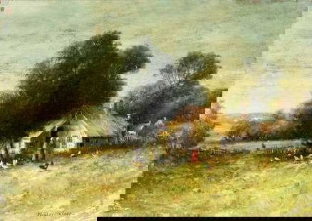 ATTR Wesley Elbridge Webber (MA,CA,ME,1841-1914) oil painting antique: ARTIST: ATTRIBUTED TO Wesley Elbridge Webber (Massachusetts, California, Maine, 1841 - 1914) TITLE: Country Landscape with Chickens MEDIUM: oil on canvas. Canvas applied to board.