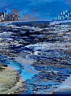 Evelyn Metzger (NY,Brazil,1911-2007) oil painting: ARTIST: Evelyn Borchard Metzger (New York, Brazilian, 1911 - 2007) TITLE: Miami, FL (titled on verso) YEAR: 1996 MEDIUM: oil on board CONDITION: Few mino