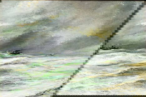 J Winston Lawler (US,20C) oil painting: ARTIST: J Winston Lawler (American, 20 century) TITLE: Cloudy Seascape with Boats MEDIUM: oil on board CONDITION: Few small scratches/paint losses. No visible inpaint under